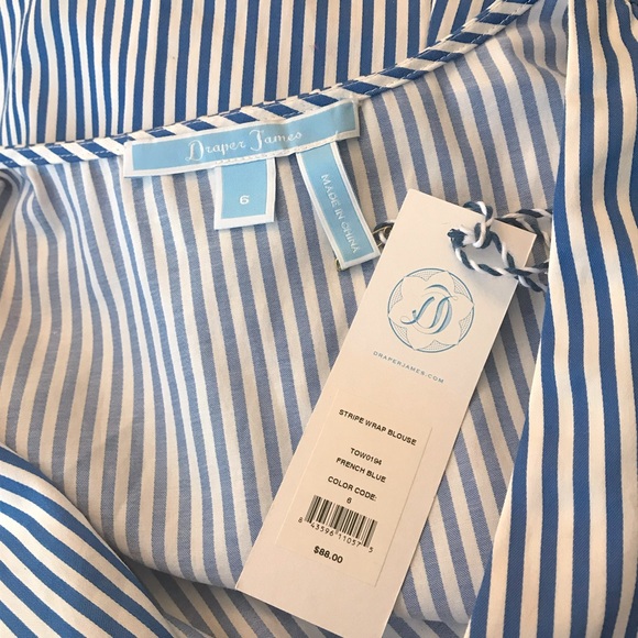 🔴 4/$15 Draper James Cotton Blue White Stripe Ruffle Front Blouse size 6 NWT - Picture 14 of 15